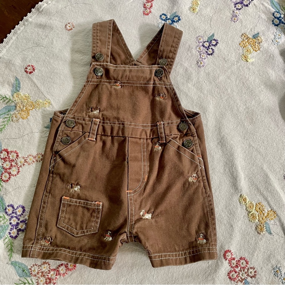 Baby Rebels Cotton Cover-alls. Brown with Basset Hounds. Size 3-6 Months